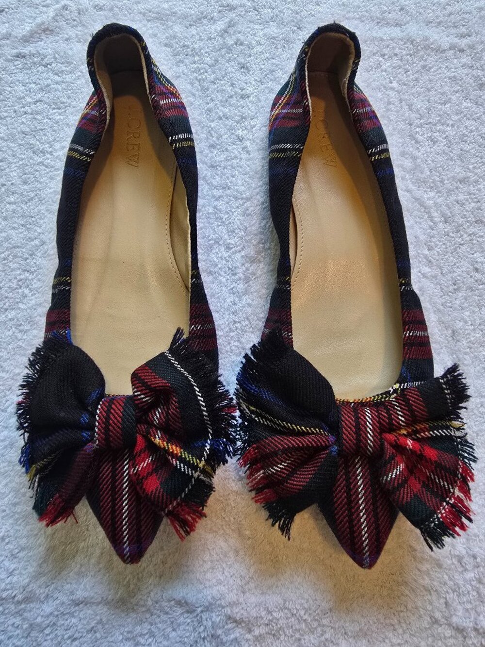 J. Crew Lottie Bow Flats in Wool Tartan Plaid with a Frayed Bow Accent